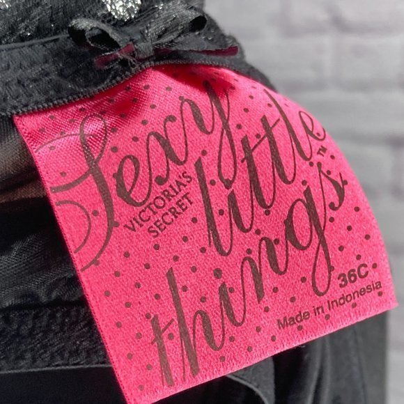 Victoria's Secret 36C Black Silver Polka Dot Mesh Lace Tie Babydoll Bra Top - Picture 4 of 4